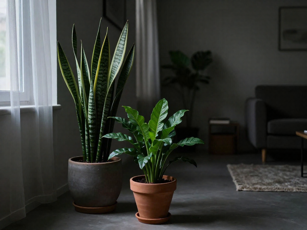 A tall snake plant and a bushy ZZ plant in decorative pots standing on the floor in a dimly lit apartment corner.