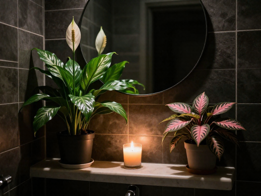 A peace lily, a calathea, and a nerve plant arranged on a bathroom counter in a dimly lit small bathroom with dark tiles and a mirror.