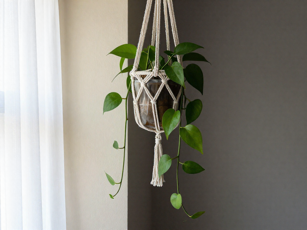 A pothos plant hanging near a window, with one side showing sparse vines in shadow and the other side showing dense, lush foliage in brighter indirect light.