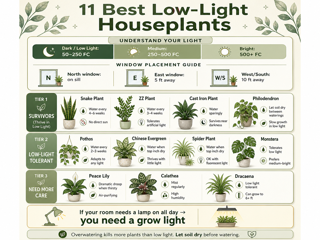 Infographic titled '11 Best Low-Light Houseplants'. Top section explains light levels with foot-candle ranges and window placement guidelines. The center ranks plants in three tiers: Survivors (Snake Plant, ZZ Plant, Cast Iron Plant, Philodendron), Low-Light Tolerant (Pothos, Chinese Evergreen, Spider Plant, Monstera), and Need More Care (Peace Lily, Calathea, Dracaena). Each plant has a small icon and care notes like watering frequency. A warning box advises using a grow light if the room needs a lamp on all day, and a footnote notes that overwatering is the top killer. The design is clean and plant-themed with green and cream colors.