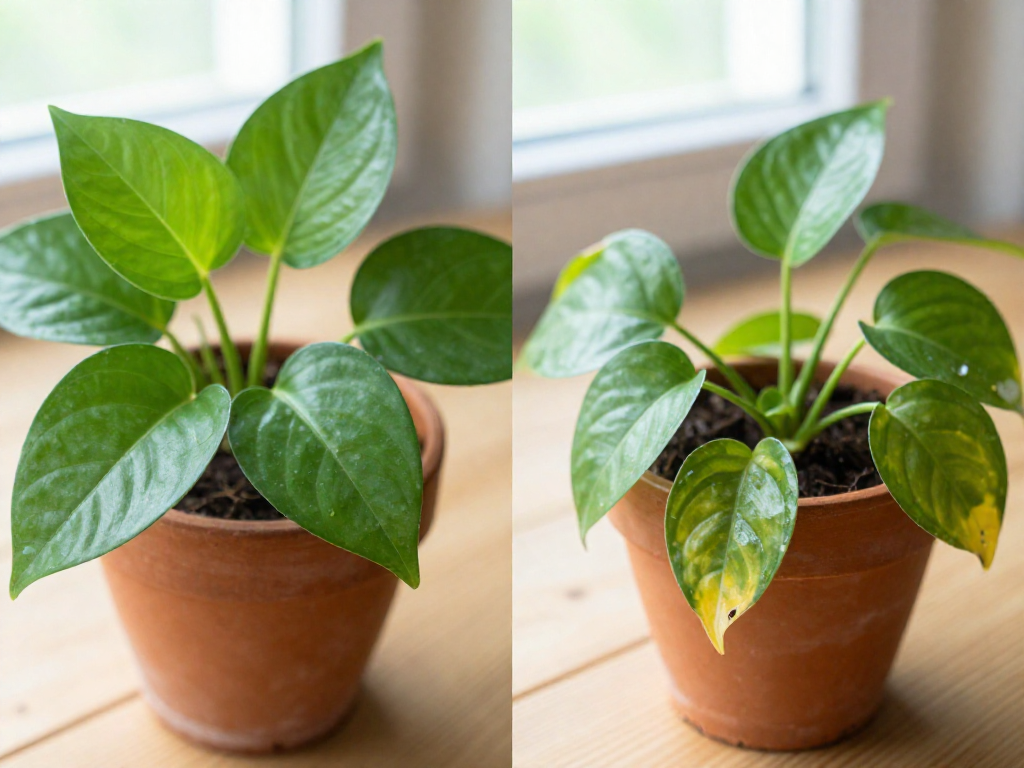Two pothos plants side by side: one healthy with green perky leaves and one drooping with curled leaves, both in terracotta pots on a wooden table.