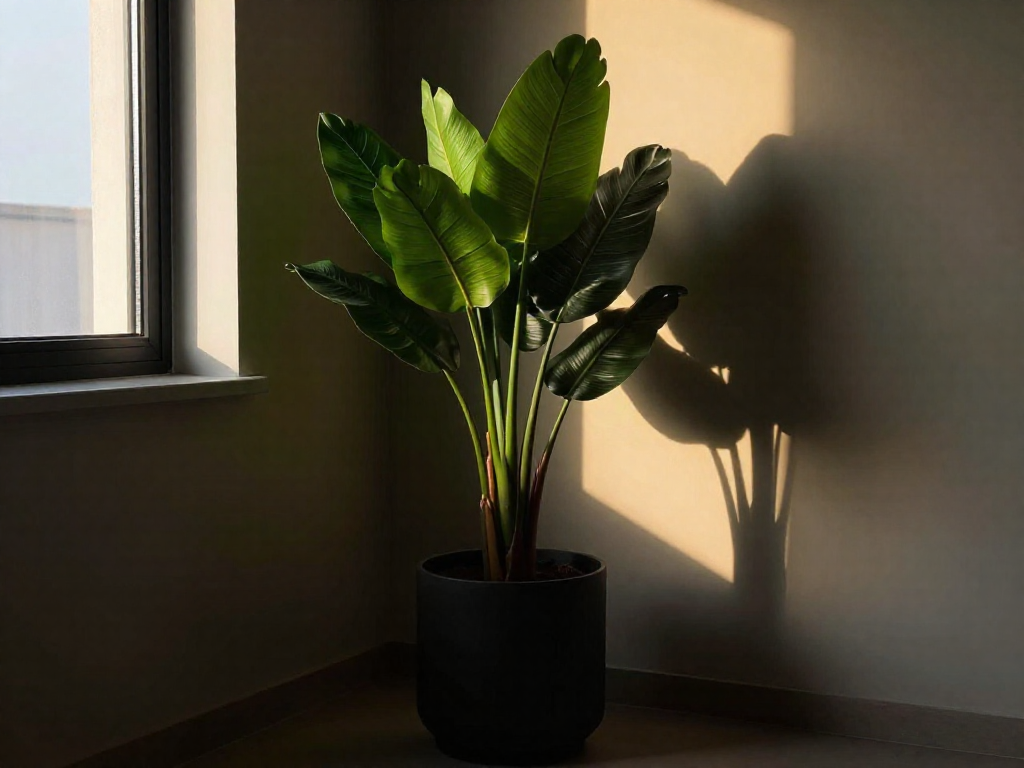 A ZZ plant with glossy dark green leaves in a black pot, illuminated by a narrow beam of sunlight in a dimly lit apartment corner.