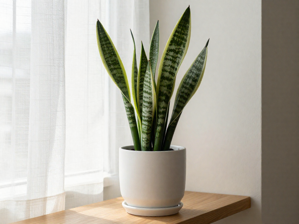 A snake plant in a white pot on a wooden shelf, bathed in soft sunlight through a sheer curtain.