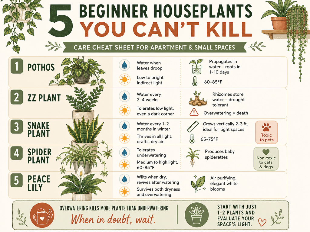 An infographic cheatsheet titled '5 Beginner Houseplants You Can't Kill' with care tips for five easy houseplants: Pothos (water when leaves droop, low to bright indirect light, 60-85°F, propagates in water), ZZ Plant (water every 2-4 weeks, low light tolerant, rhizomes store water, overwatering kills it), Snake Plant (water every 1-2 months in winter, all light conditions, grows 2-3 feet tall, 65-75°F, toxic to pets), Spider Plant (tolerates underwatering, medium to high light, 60-85°F, produces baby spiderettes, non-toxic to pets), and Peace Lily (wilts when dry, survives both extremes, air purifying, white flowers). Includes a tip that overwatering kills more plants than underwatering and to start with 1-2 plants.