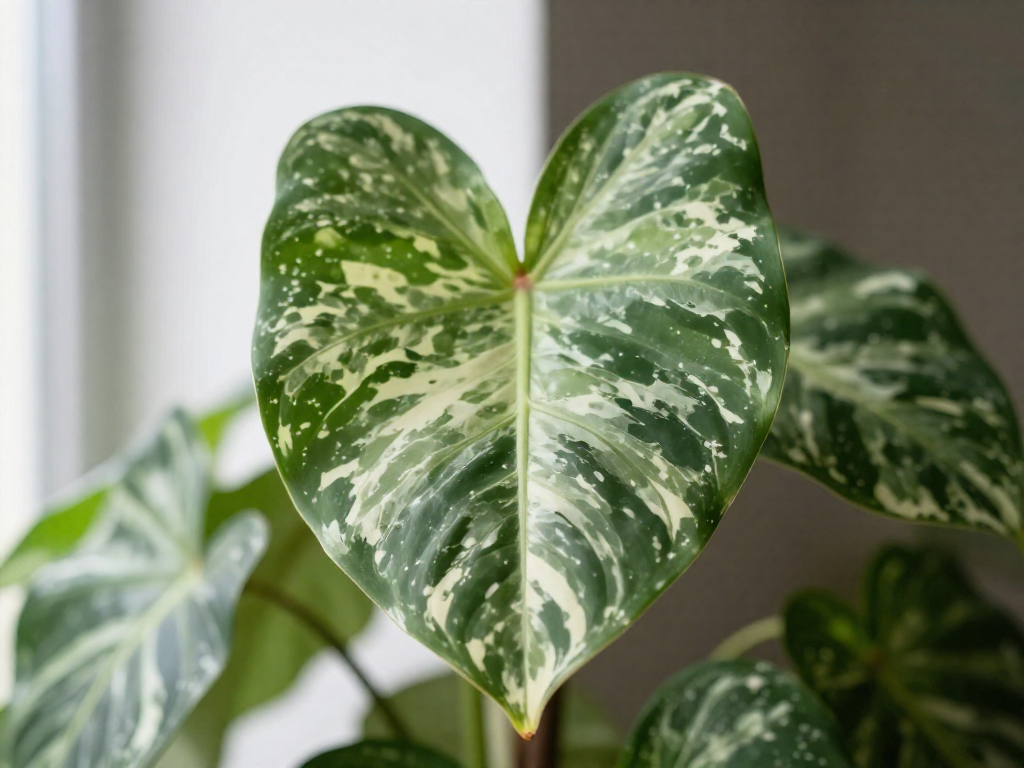 Close-up of a variegated houseplant leaf with green and white patterning.