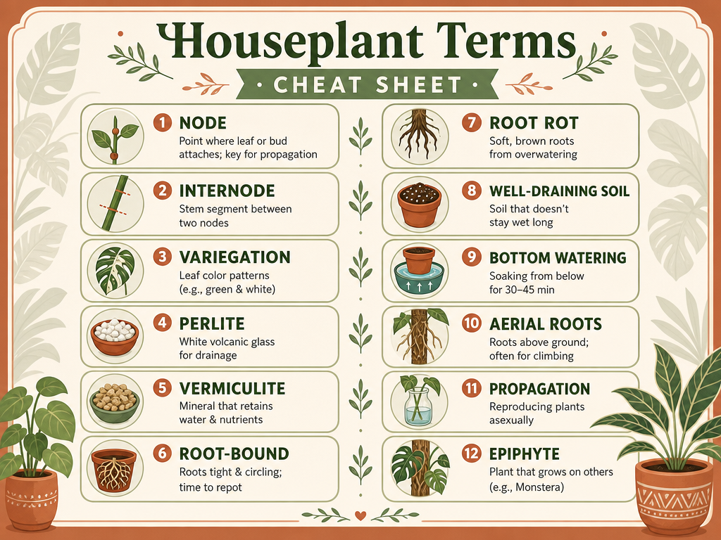 Infographic titled 'Houseplant Terms Cheat Sheet' showing definitions for 12 key terms: node, internode, variegation, perlite, vermiculite, root-bound, root rot, well-draining soil, bottom watering, aerial roots, propagation, and epiphyte. Each term has an icon and short definition. Designed with a fresh green and terracotta color palette.