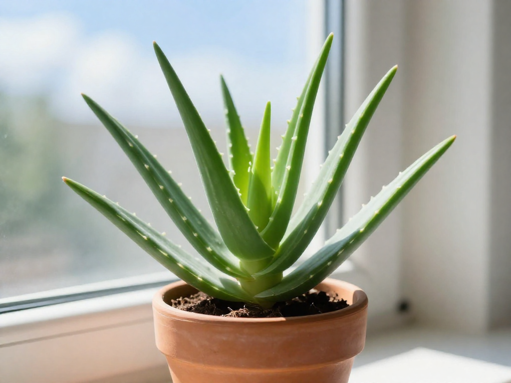 A healthy aloe vera plant in a terracotta pot on a sunny windowsill.