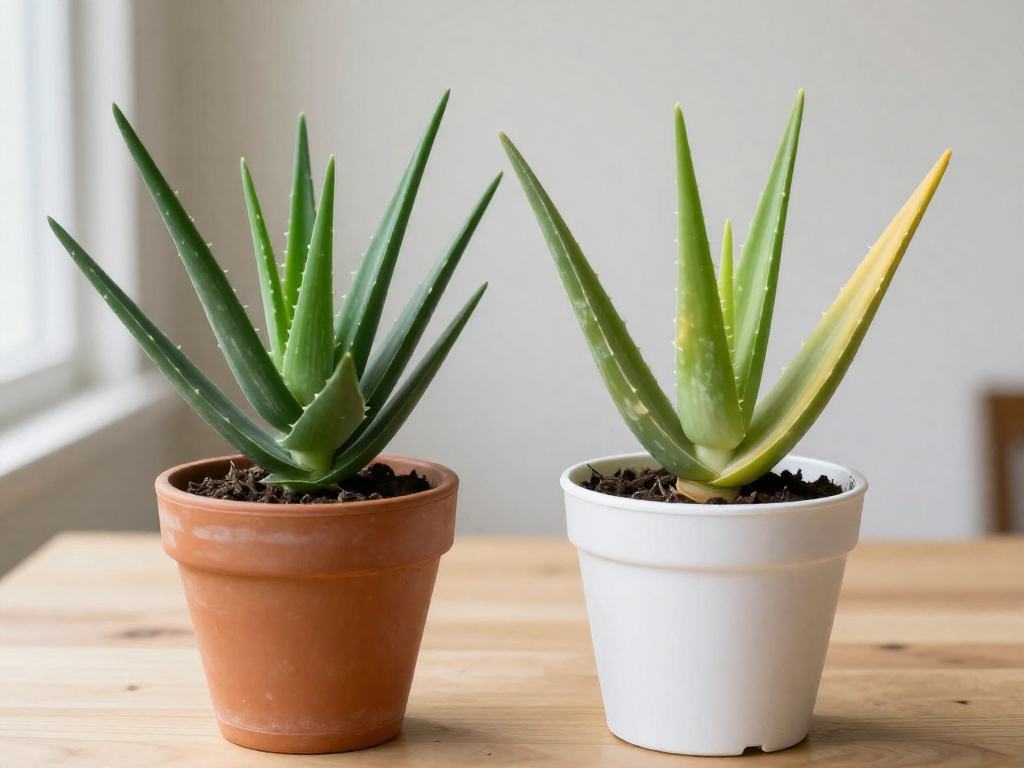 Two aloe vera plants: a healthy compact plant in a terracotta pot next to a stretched, droopy plant in a white plastic pot.