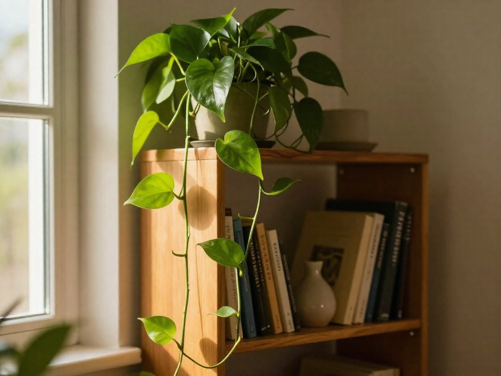 Golden pothos plant with trailing vines cascading from a bookshelf in a sunlit apartment corner.