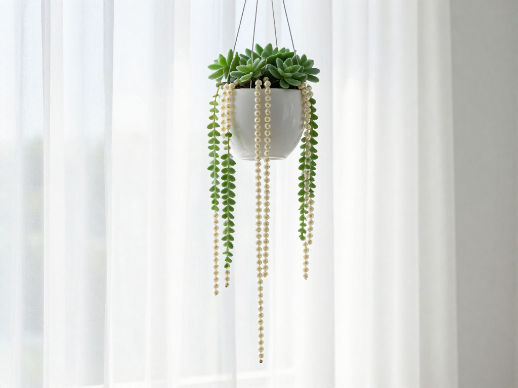 String of pearls plant hanging in a white planter by a bright window with sheer curtains.