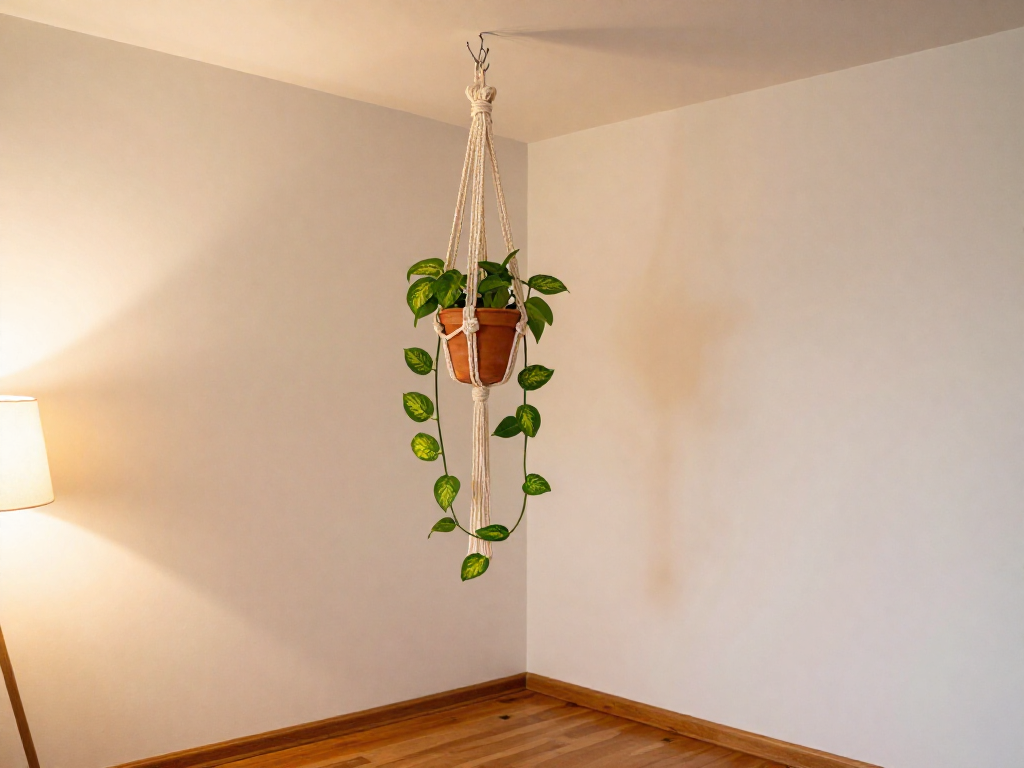 Macrame plant hanger with a philodendron Brasil trailing down from the ceiling in a bright apartment corner.