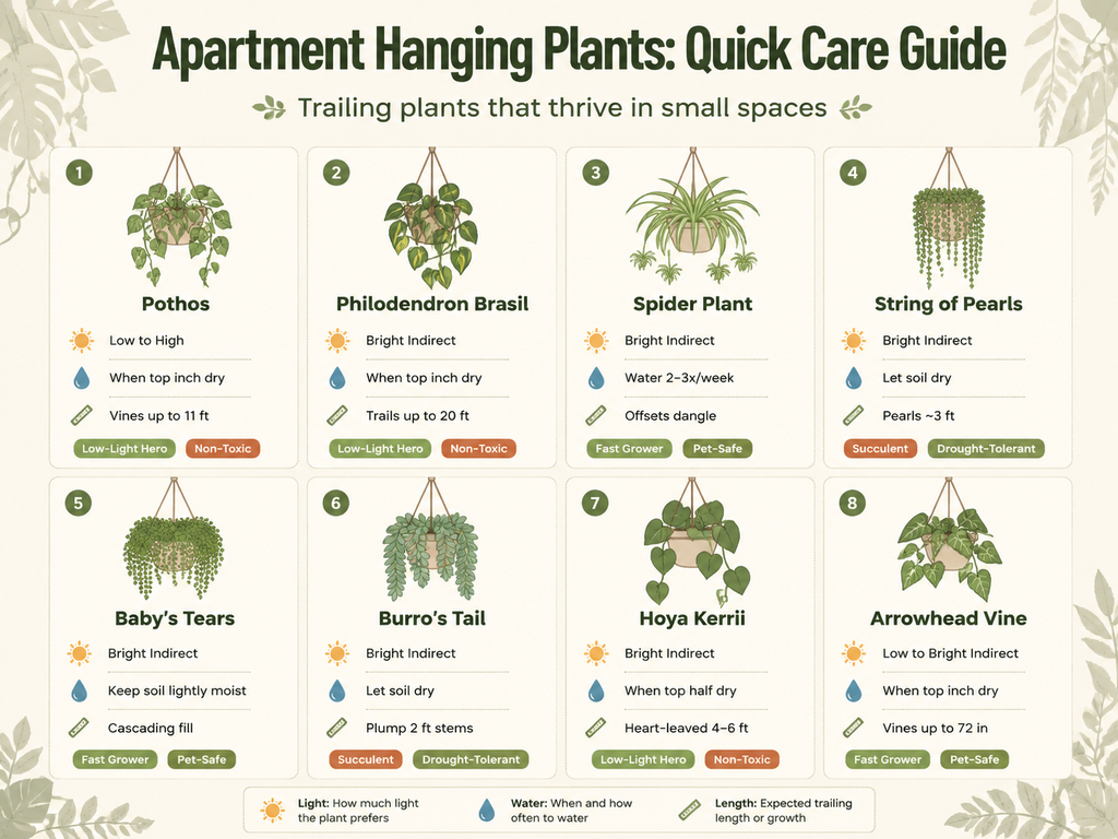 An infographic providing a quick care overview for eight hanging houseplants suitable for small apartments. It shows plant names, light requirements (such as low to high, bright indirect), watering notes (like 'when top inch dry'), and trailing lengths (from 2 feet to 20 feet), with color-coded tags indicating features like non-toxic, succulent, or low-light hero. Ideal for beginner plant parents.