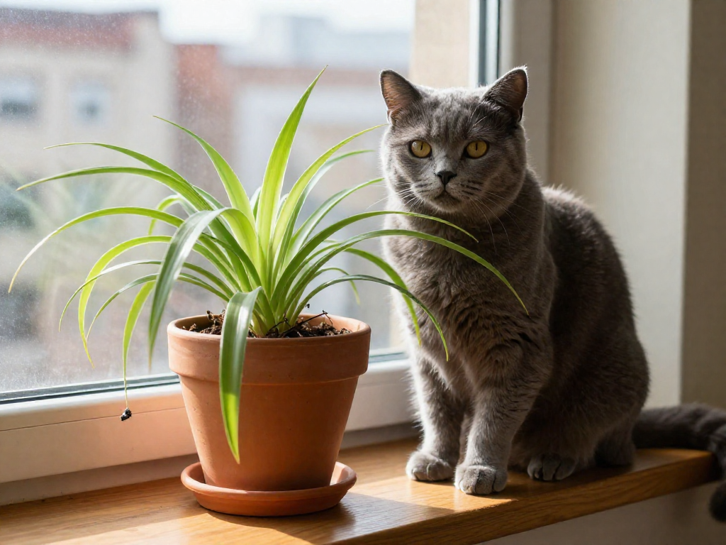 A gray cat sitting next to a spider plant on a sunlit windowsill.
