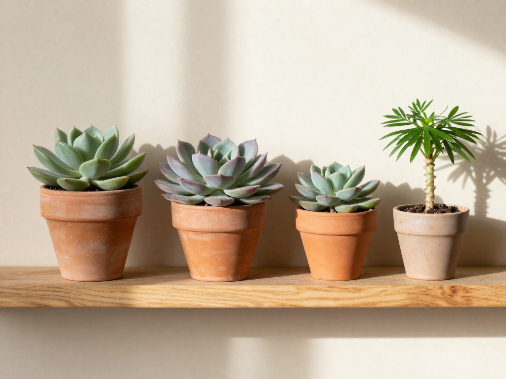 Assortment of small pet-safe succulents in pots on a wooden shelf.