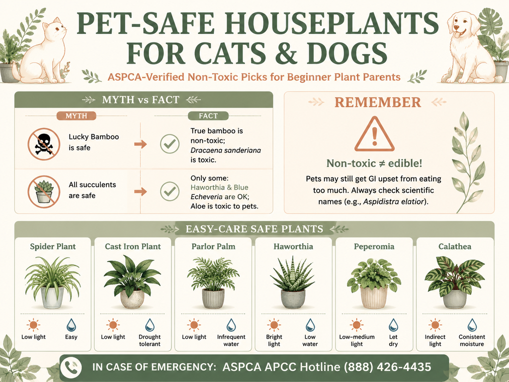 Infographic titled 'Pet-Safe Houseplants for Cats & Dogs' summarizing ASPCA-verified non-toxic plants. Features a myth vs fact section debunking common misconceptions about Lucky Bamboo and succulents, a warning that non-toxic doesn't mean edible, a grid of 6 easy-care pet-safe plants (Spider Plant, Cast Iron Plant, Parlor Palm, Haworthia, Peperomia, Calathea) with light and water icons, and emergency hotline number.