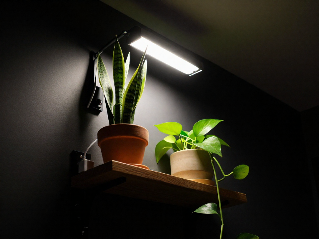 A shelf with a snake plant and a pothos plant lit by a small grow light clipped above, in a dim room.