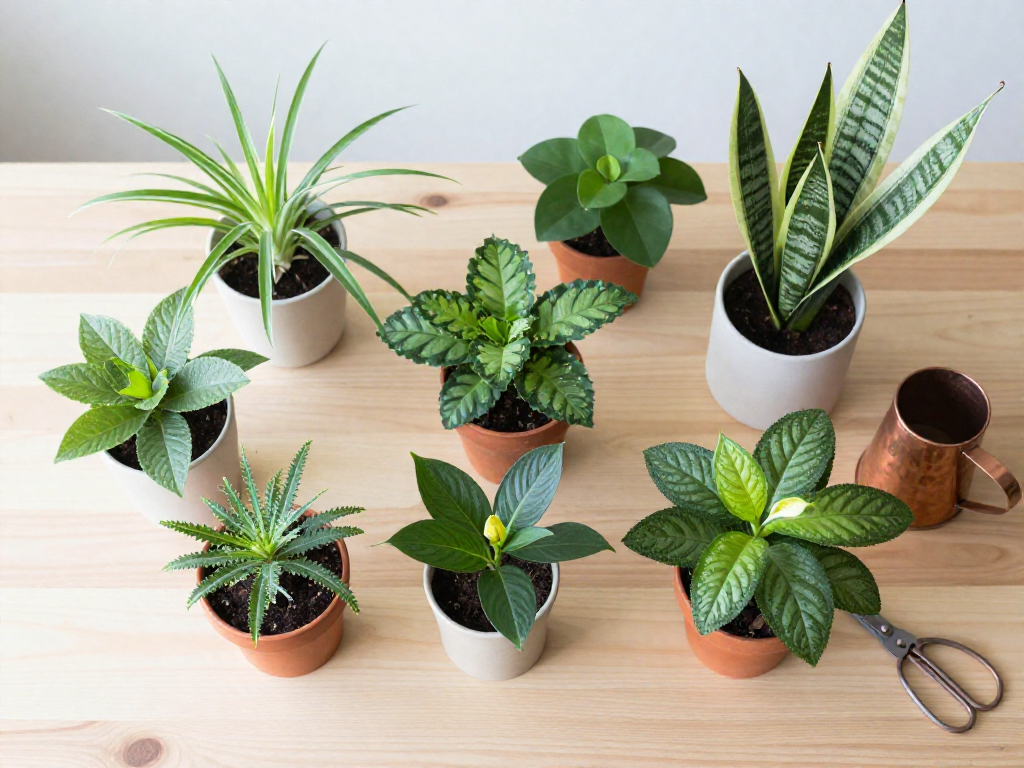 Eight small houseplants in different pots arranged on a wooden surface, photographed from above.