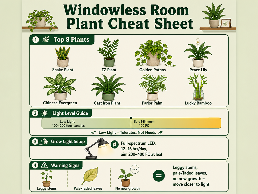 Infographic cheat sheet titled 'Windowless Room Plant Cheat Sheet' showing 8 recommended low-light plants (snake plant, ZZ plant, golden pothos, peace lily, Chinese evergreen, cast iron plant, parlor palm, lucky bamboo), a light level guide indicating low light is 100-200 foot-candles, a grow light setup tip for 12-16 hours and 200-400 foot-candles, and warning signs of insufficient light: leggy stems, pale leaves, and no new growth.