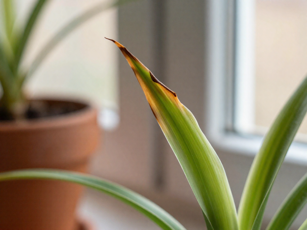 Close-up of a spider plant leaf tip turning brown and dry against a blurred terracotta pot background.
