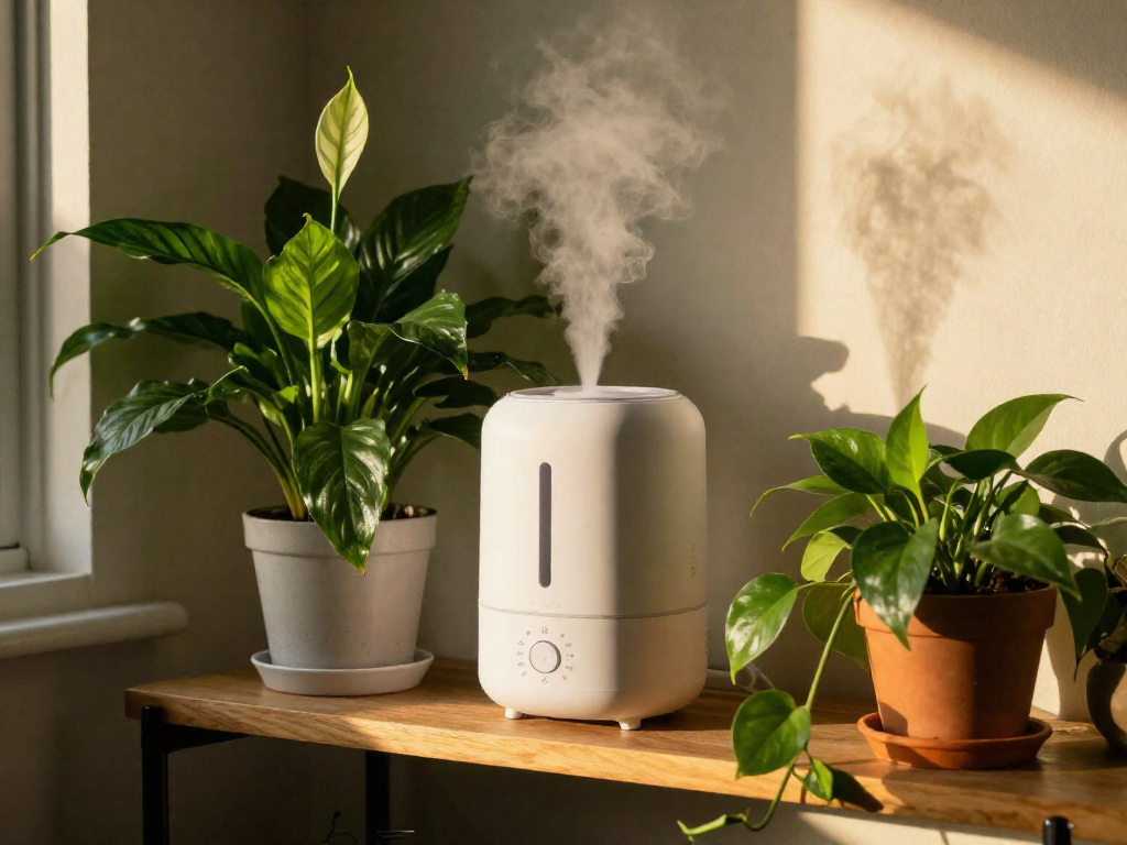 Small white humidifier releasing mist among houseplants on a wooden shelf in a cozy room.