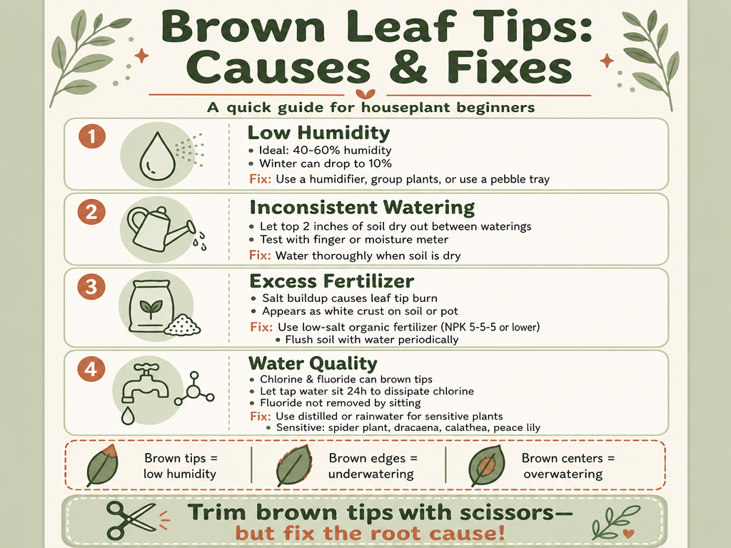 Infographic summarizing causes and fixes for brown leaf tips on houseplants: low humidity (ideal 40-60%, winter can drop to 10%), inconsistent watering (test soil 2 inches deep), excess fertilizer (use low-salt 5-5-5), and water quality (chlorine/fluoride issues; use distilled/rainwater for sensitive plants like spider plant and dracaena). Includes visual distinction: brown tips = low humidity, brown edges = underwatering, brown centers = overwatering. Recommends trimming brown tips but fixing root cause.