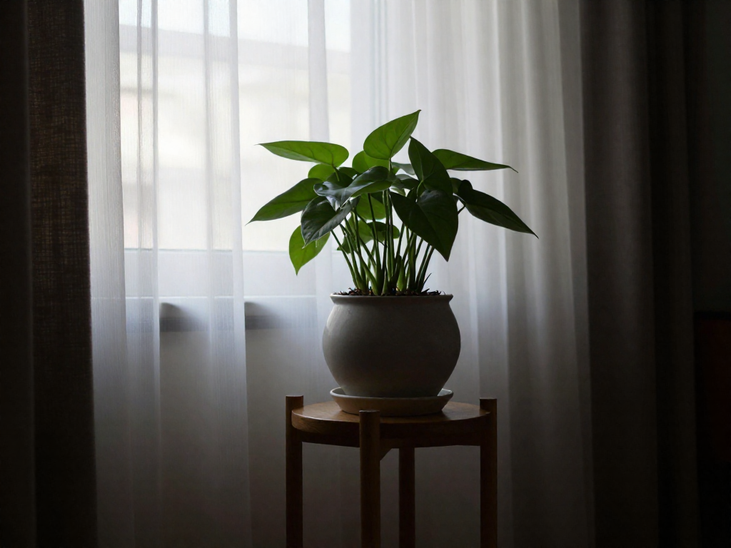 A Chinese evergreen plant sitting on a wooden stand in a softly lit apartment corner by a window.