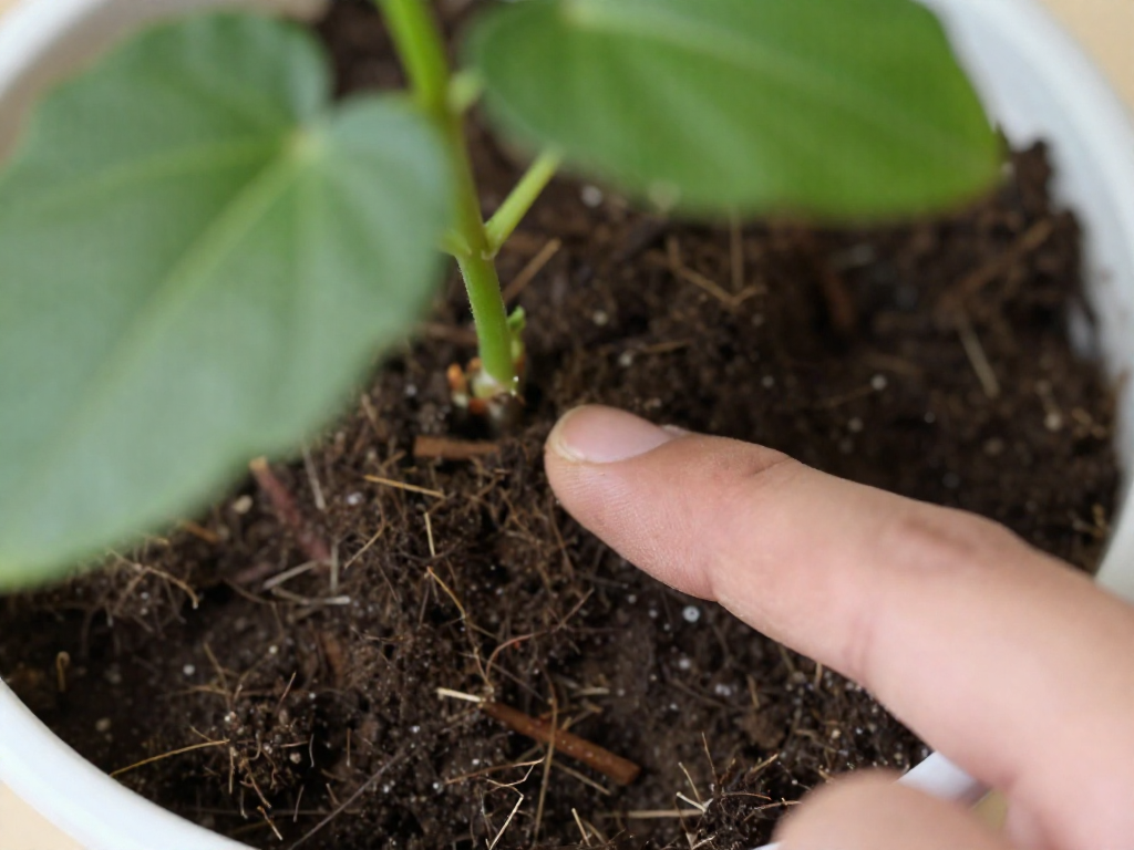 A finger testing the soil moisture of a Chinese evergreen plant in a pot.