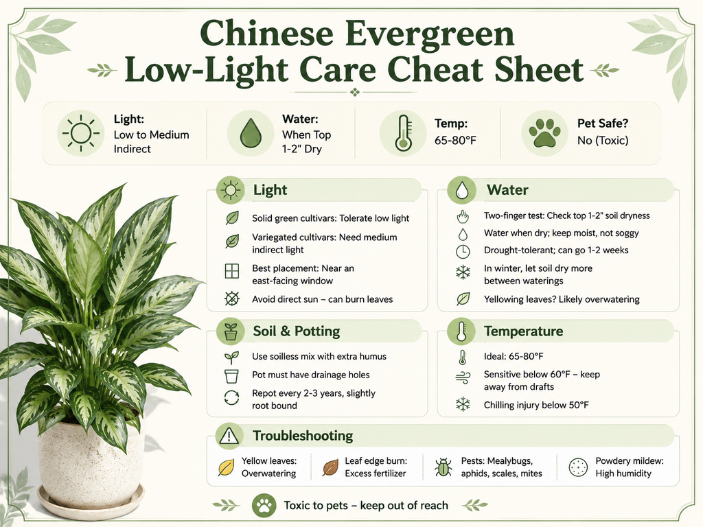 An infographic cheat sheet titled 'Chinese Evergreen Low-Light Care Cheat Sheet'. It provides a quick visual guide with sections on light (solid green cultivars tolerate low light, variegated need medium indirect, best near east window, avoid direct sun), water (check top 1-2 inches dry, keep moist not soggy, drought-tolerant, winter dry out more, yellow leaves from overwatering), soil (soilless mix with humus, drainage holes, repot every 2-3 years), temperature (65-80°F ideal, sensitive below 60°F, chilling injury below 50°F), and troubleshooting (yellow leaves from overwatering, leaf edge burn from excess fertilizer, pests include mealybugs and aphids, powdery mildew from high humidity). A top row of icons quickly shows light, water, temperature, and pet toxicity (no). The card notes the plant is toxic to pets.