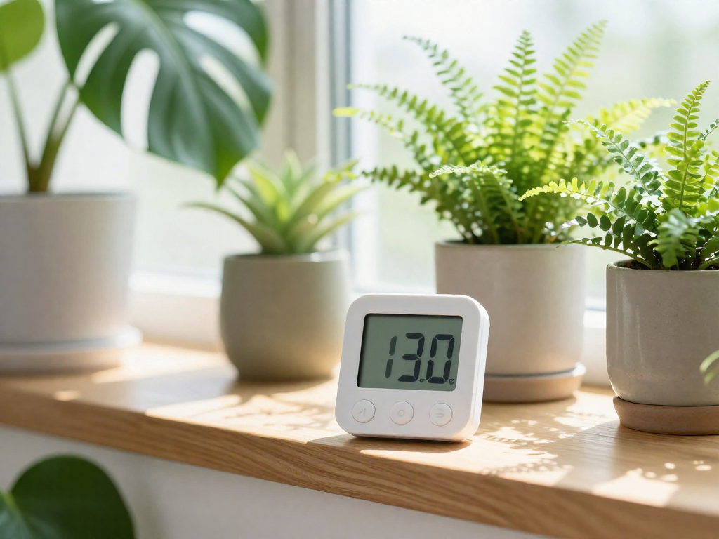 A digital hygrometer displays a humidity percentage on a windowsill next to several green houseplants in a bright room.