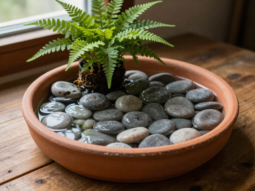 A shallow tray filled with pebbles and water, with a potted plant sitting on the pebbles, on a wooden table.