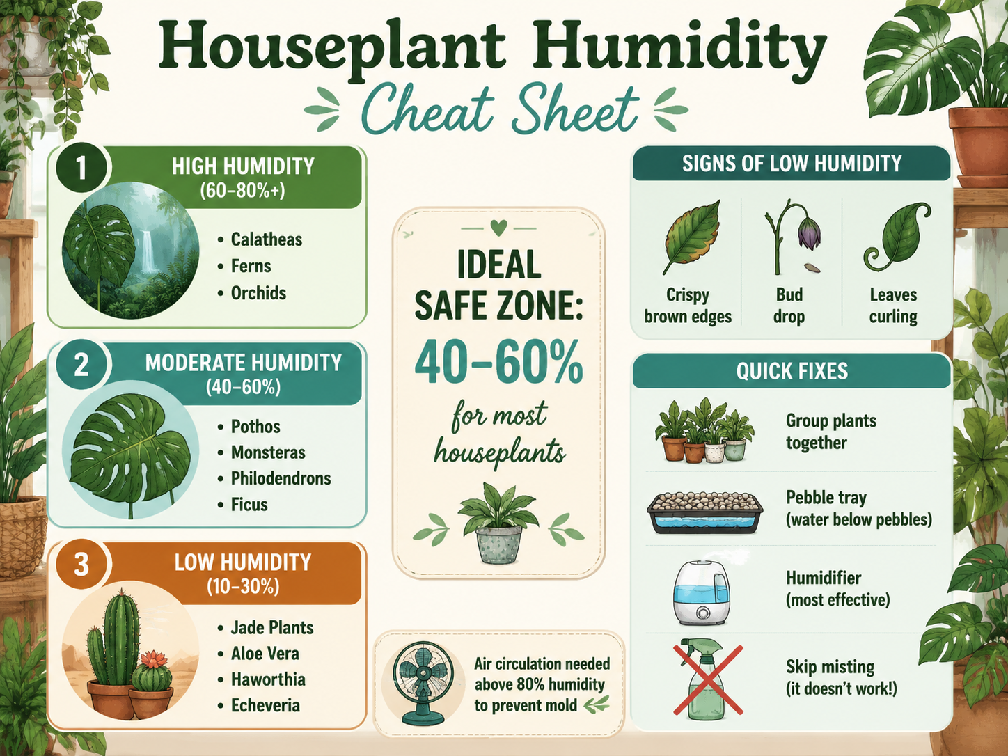 Infographic titled Houseplant Humidity Cheat Sheet showing three humidity tiers: high (60-80%+) with calatheas, ferns, orchids; moderate (40-60%) with pothos, monsteras, philodendrons, ficus; low (10-30%) with jade, aloe, haworthia, echeveria. An ideal safe zone box states 40-60% for most houseplants. Signs of low humidity include crispy brown edges, bud drop, and leaves curling. Quick fixes: group plants, pebble trays, humidifiers are most effective, skip misting. Note about air circulation above 80% humidity.
