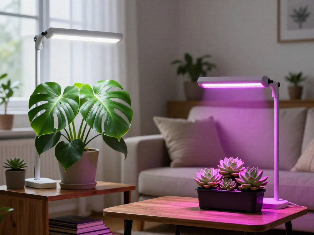 A living room with a large houseplant under a white grow light on a shelf and small succulent plants under a purple grow light on a side table, illustrating two different types of plant lights.