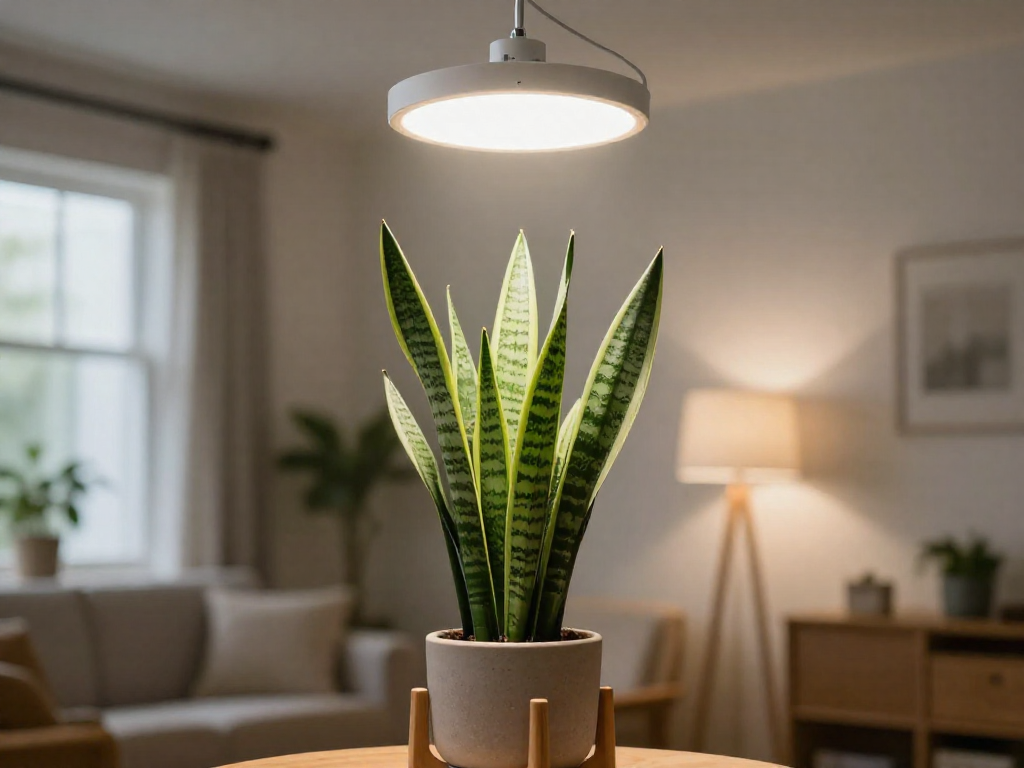 A tall snake plant on a wooden stand with a modern ceiling-hung round grow light shining directly downward onto it, set in a bright living room corner.