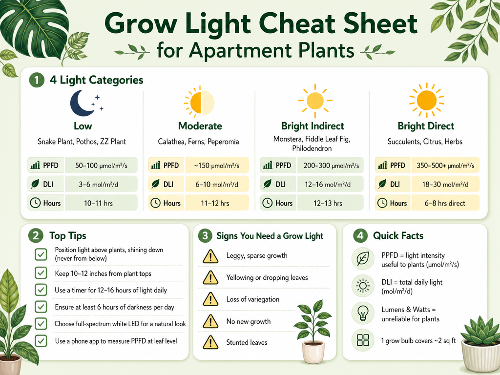 An infographic cheat sheet for apartment plant owners about grow lights. It breaks down four light categories (low, moderate, bright indirect, bright direct) with example plants and PPFD/DLI targets. A top tips checklist includes proper placement, timer use, and full-spectrum LED choice. Signs of light deficiency are listed, and quick facts explain PPFD, DLI, and coverage per bulb.