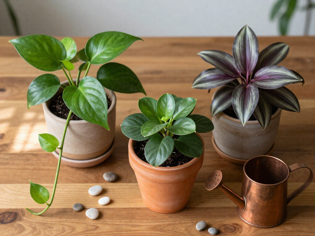 Flat-lay of three houseplants—pothos, hoya, and tradescantia—in decorative pots on a wooden table.