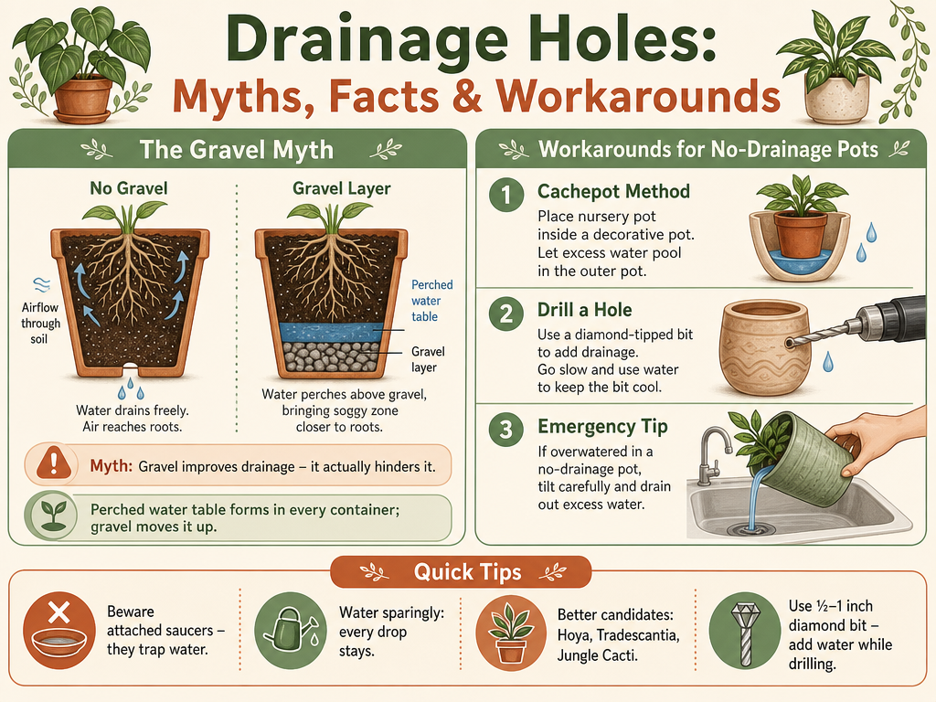 Infographic titled 'Drainage Holes: Myths, Facts & Workarounds' in a warm botanical style. Left section 'The Gravel Myth' features a side-by-side pot diagram illustrating that gravel layers cause a perched water table to rise, saturating soil closer to roots. Right section 'Workarounds for No-Drainage Pots' presents three methods: using a nursery pot inside a decorative pot, drilling a hole with a diamond bit, and watering at a sink then tipping to drain. Bottom quick tips advise against attached saucers, suggest sparing watering, and list tolerant plants like Hoya and Tradescantia.