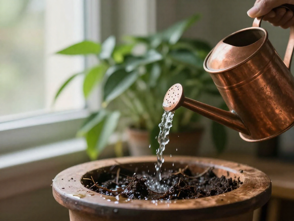 A narrow-spouted metal watering can pouring water onto the soil at the base of a houseplant.