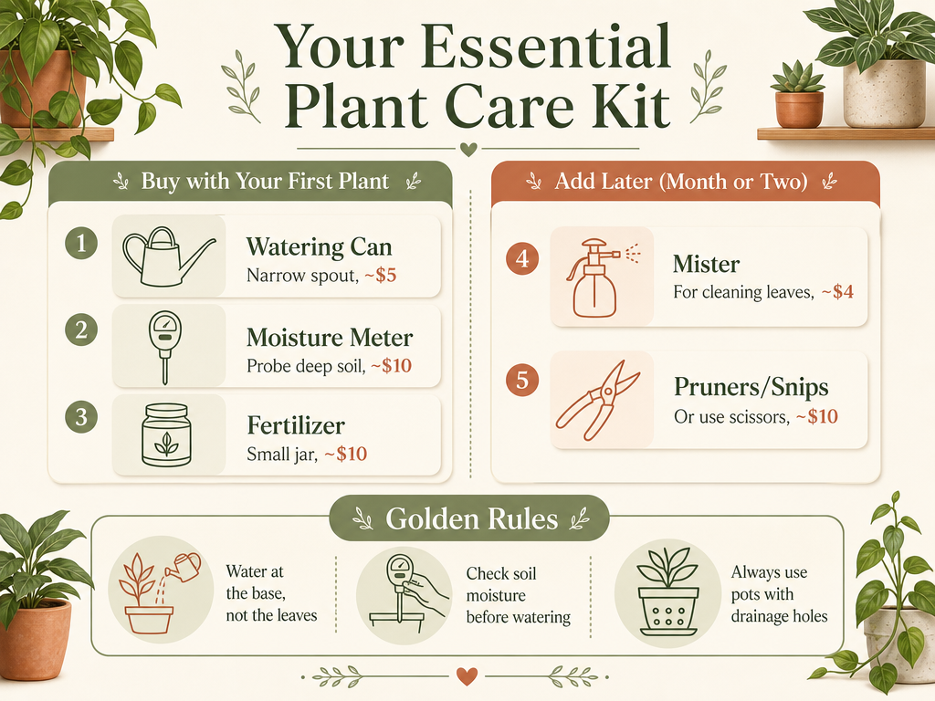 An infographic summarizing the essential tools for new plant parents, showing a timeline of what to buy with the first plant (watering can, moisture meter, fertilizer) and what to add later (mister, pruners), plus key care tips like watering at the base and checking soil moisture.