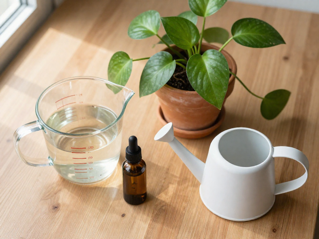 Fertilizer bottle, measuring cup, and watering can arranged neatly on a wooden table next to a small potted plant.