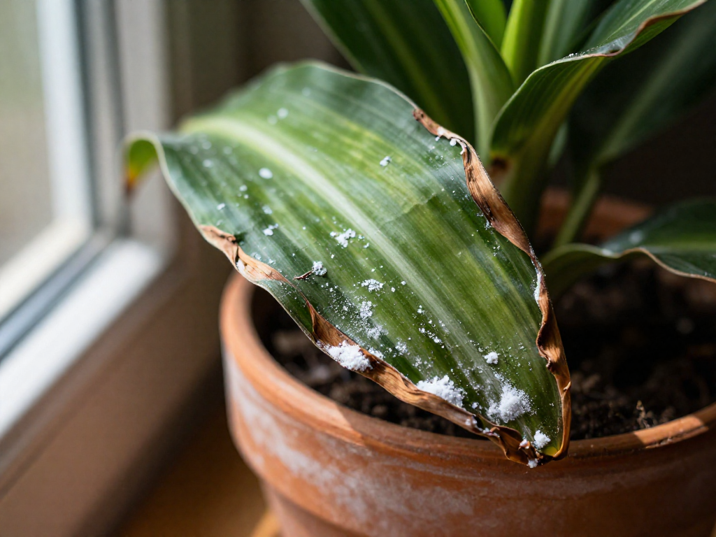 Close-up of a houseplant leaf with brown, crispy tips caused by fertilizer burn, with white salt crust on the soil surface.