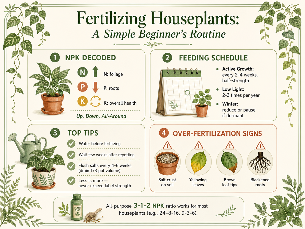 A cheat sheet infographic titled 'Fertilizing Houseplants: A Simple Beginner’s Routine' showing key points: NPK nutrient roles (Up, Down, All-Around), feeding schedule with active growth and low light frequencies, tips like water before fertilizing and wait after repotting, and signs of over-fertilization such as salt crust and yellow leaves.