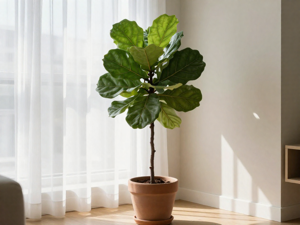 A tall fiddle leaf fig plant with large green leaves placed near a bright window covered by a sheer white curtain in a sunlit room.