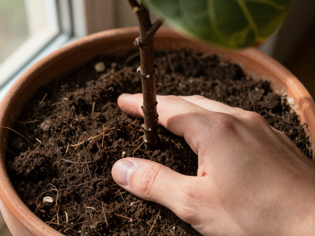 A hand with fingers inserted into the soil of a potted fiddle leaf fig to check the moisture level.