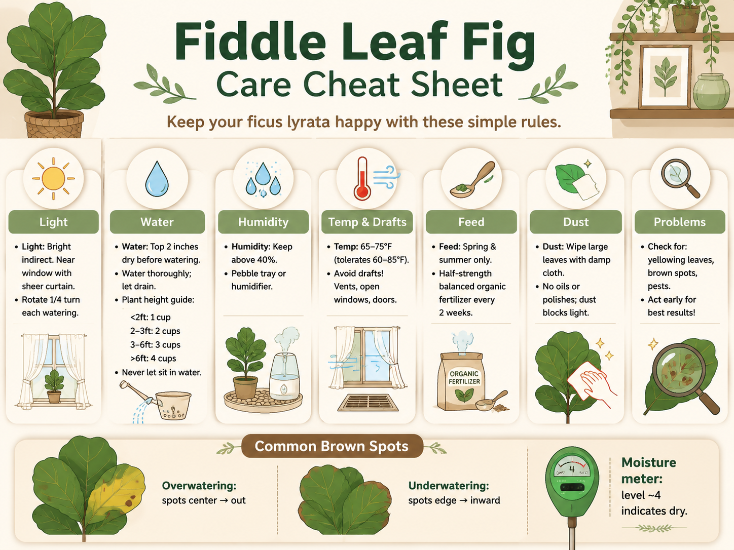 A cheat sheet infographic on fiddle leaf fig care with quick reference rules for light (bright indirect, rotate quarterly), watering (wait for top 2 inches dry, scale cups by plant height), humidity (above 40%), temperature (65–75°F, avoid drafts), feeding (half-strength every two weeks in spring/summer), dusting (wipe leaves with damp cloth), and diagnosing brown spots (center-out for overwatering, edge-inward for underwatering). Includes helpful plant height watering guide and a visual comparison of brown spot patterns.