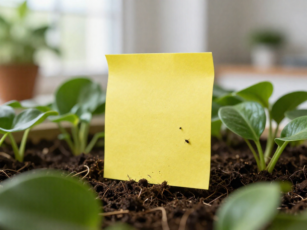 Yellow sticky trap in a potted plant with small dark gnats caught on the surface.