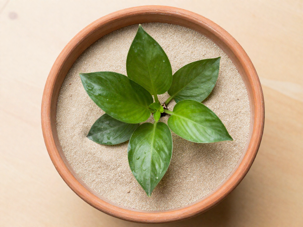 A potted plant with a layer of sand covering the soil surface.