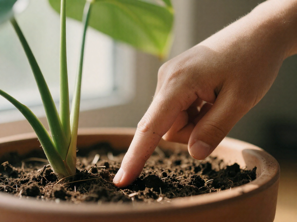 A person's finger inserted into dry soil of a houseplant, showing the top inch is dry.