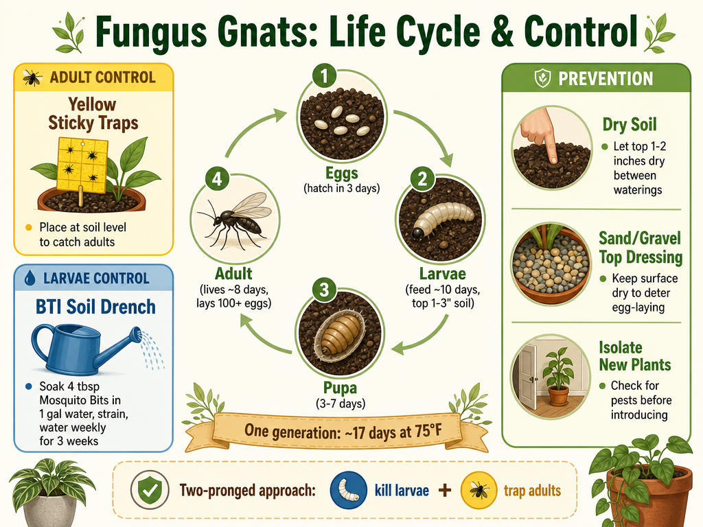 Infographic titled 'Fungus Gnats: Life Cycle & Control'. It shows a circular life cycle diagram with four stages: eggs (hatch in 3 days), larvae (feed for about 10 days), pupa (3-7 days), and adult (lives about 8 days, lays over 100 eggs), with a note that one generation takes approximately 17 days at 75°F. Surrounding the cycle are control tips: yellow sticky traps for adults, a BTI soil drench (4 tablespoons Mosquito Bits steeped in 1 gallon water) applied weekly for three weeks to kill larvae, letting the top 1-2 inches of soil dry out, using a sand or gravel top dressing, and isolating new plants. It emphasizes a two-pronged approach targeting both larvae and adults.