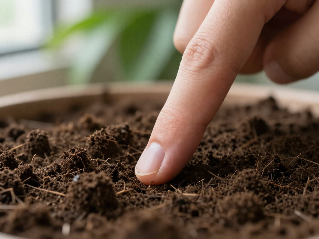 Close-up of a finger inserted into soil, demonstrating the depth to check for dryness.