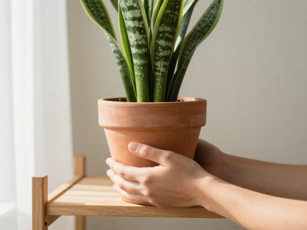 Hands lifting a potted snake plant to gauge its weight as a way to check if it needs water.